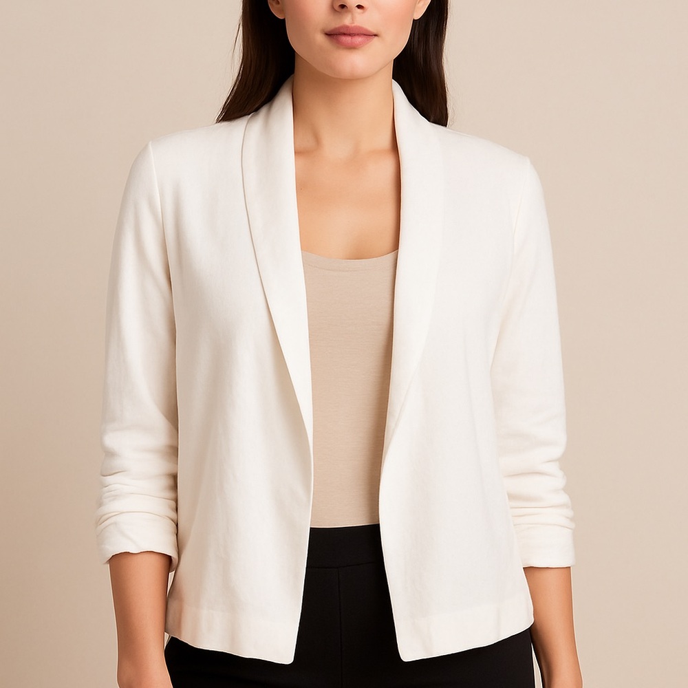 Retrelogy White Open Front Cardigan, Ruching at Sleeves, L